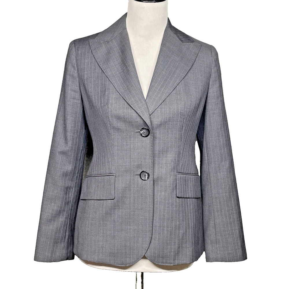 Ann Taylor LOFT Women 2P Gray w/Blue Pin Stripe Blazer 2 Button Classic Corpcore